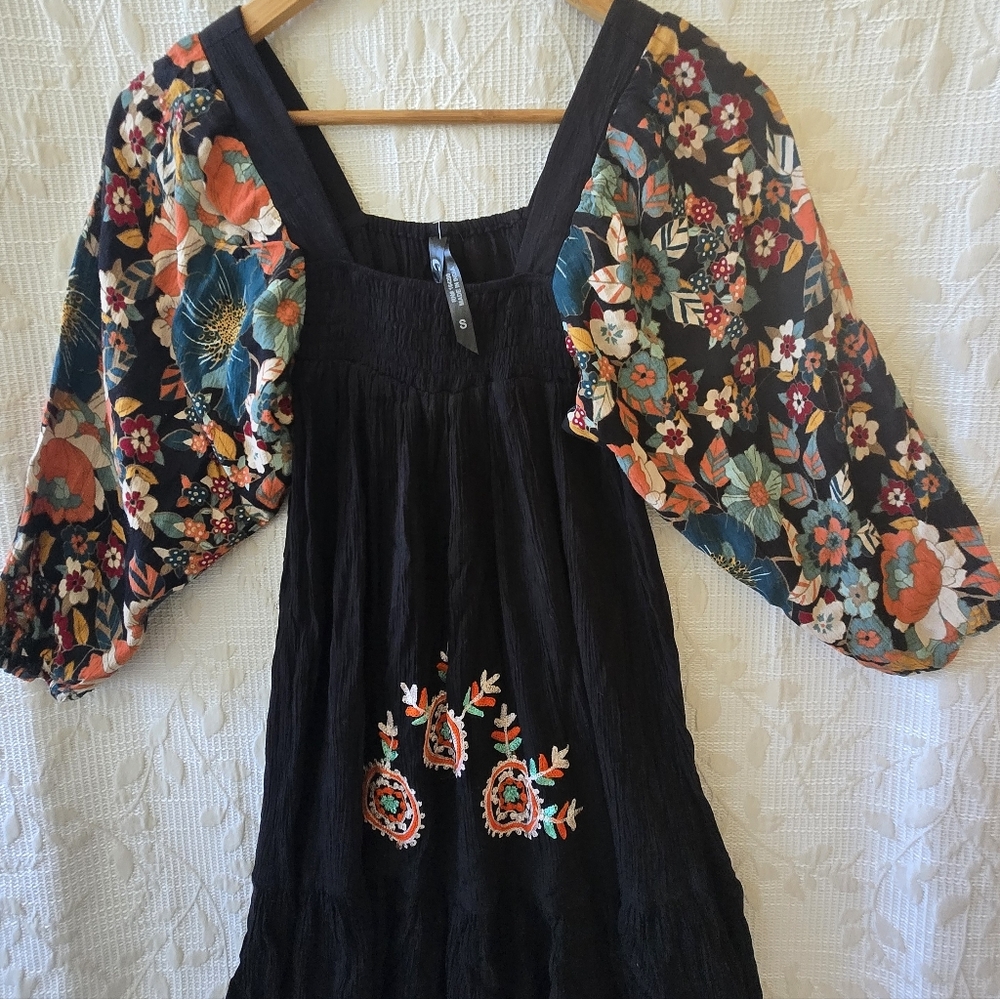 Boho Floral Embroidered Black Top Or Mini Dress with Colorful Sleeves Size S